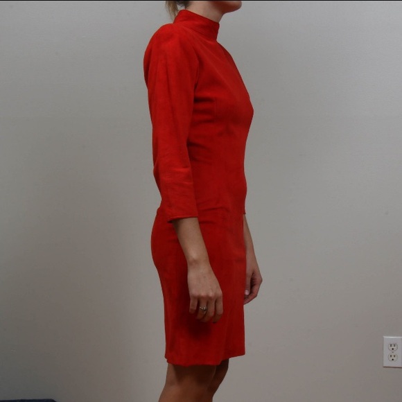 Vintage 1970s I. Magnin Firenze Red Lamb Suede Mockneck Sheath Cocktail Dress - Picture 3 of 10